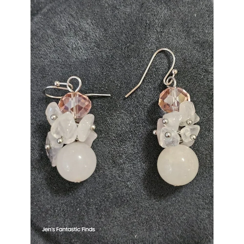 Rose Quartz Crystal Necklace &‎ Earrings Set With Silver Chain & Clasp